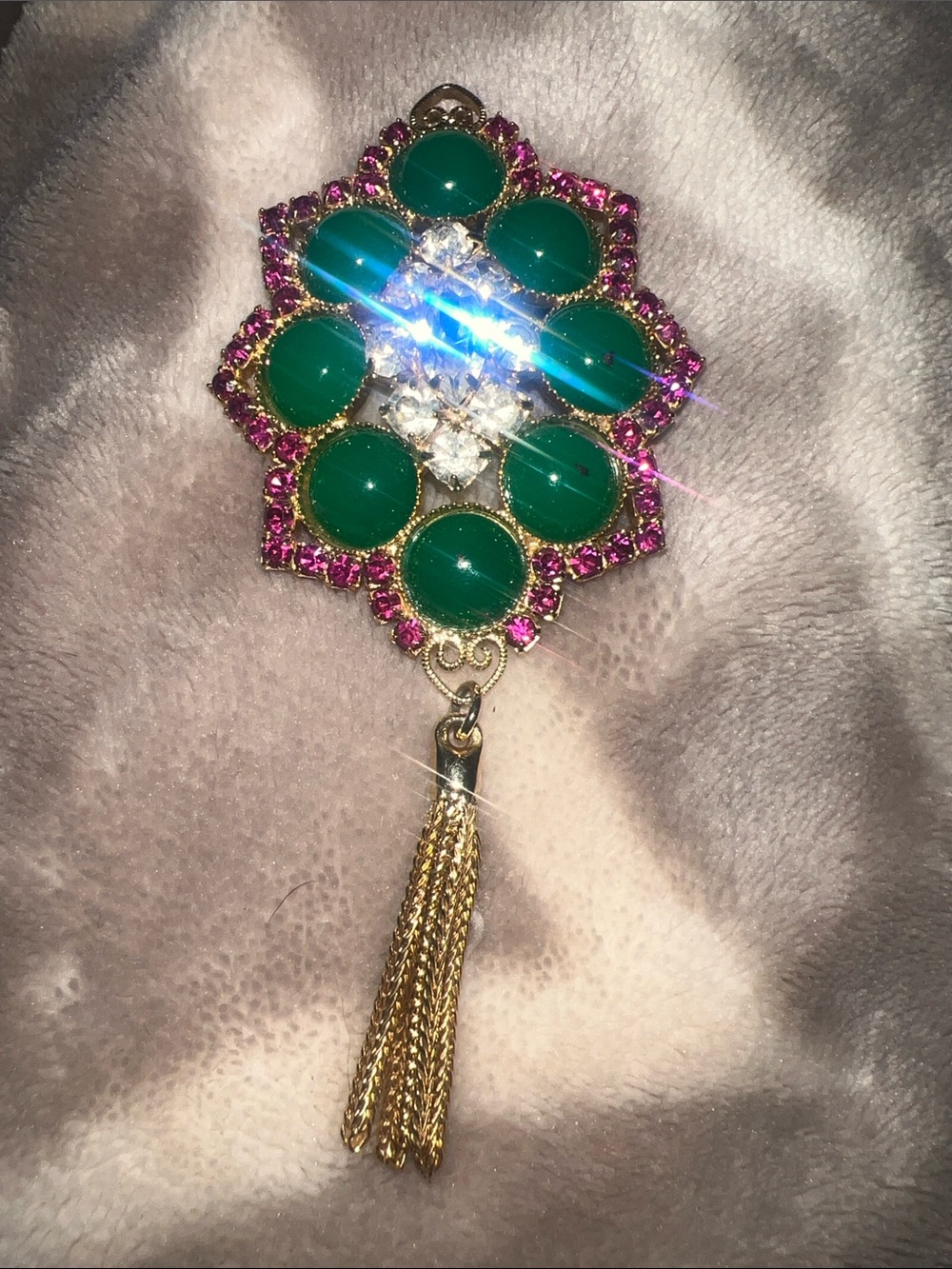 Juliana DeLizza and Elster Green & Pink Statement Tassel Brooch - vintage!